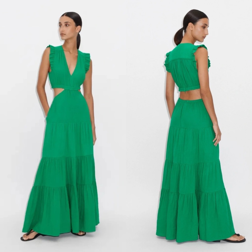 Me + Em Dress 12 Maxi Cheesecloth Cut Out Pockets Tiered Sleeveless Ruffle Green - Picture 2 of 15